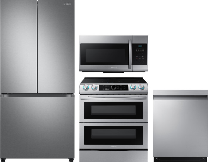 Samsung 4 Piece Kitchen Appliances Package with French Door Refrigerator, Induction Range, Dishwasher and Over the Range Microwave in Stainless Steel 