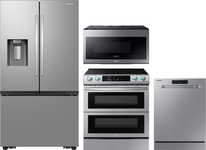 Samsung 4 Piece Kitchen Appliances Package with French Door Refrigerator, Induction Range, Dishwasher and Over the Range Microwave in Stainless Steel 