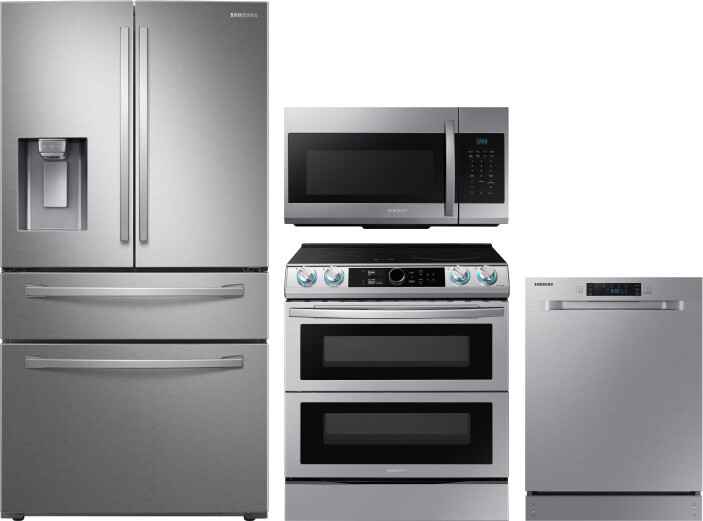 Samsung 4 Piece Kitchen Appliances Package with French Door Refrigerator, Induction Range, Dishwasher and Over the Range Microwave in Stainless Steel 