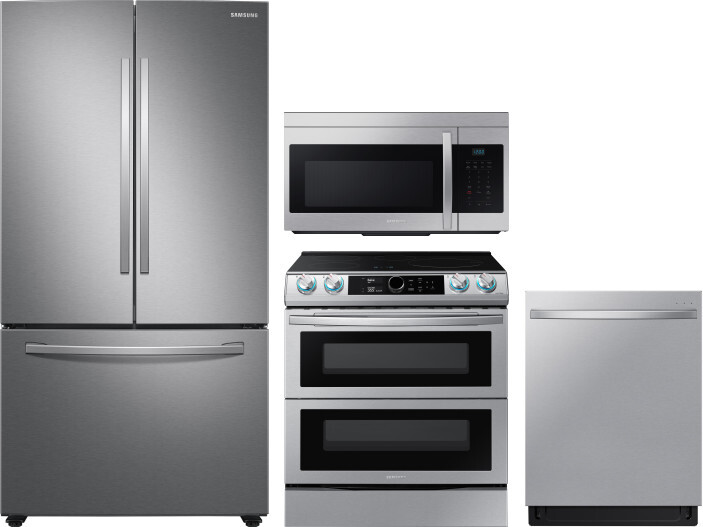 Samsung 4 Piece Kitchen Appliances Package with French Door Refrigerator, Induction Range, Dishwasher and Over the Range Microwave in Stainless Steel 