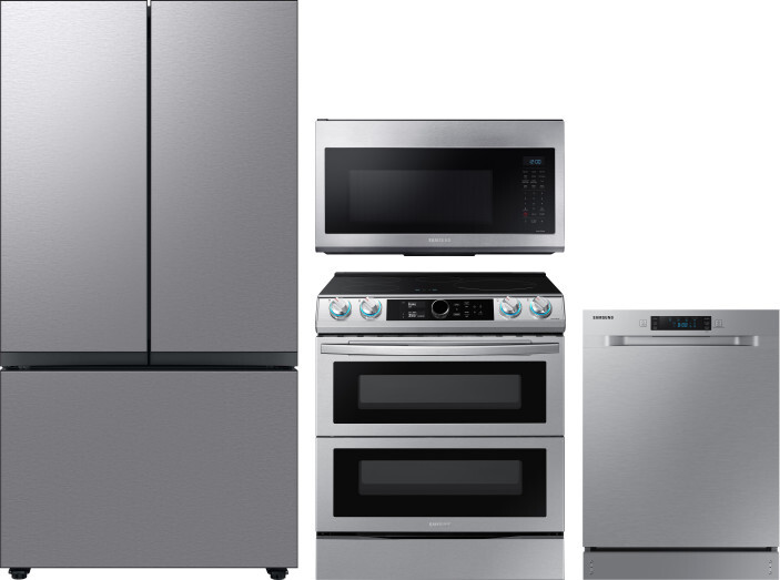 Samsung 4 Piece Kitchen Appliances Package with French Door Refrigerator, Induction Range, Dishwasher and Over the Range Microwave in Stainless Steel 