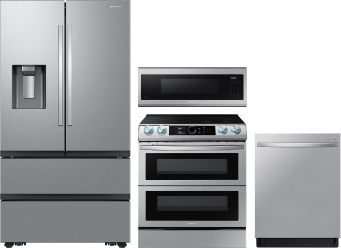 Samsung 4 Piece Kitchen Appliances Package with French Door Refrigerator, Induction Range, Dishwasher and Over the Range Microwave in Stainless Steel 
