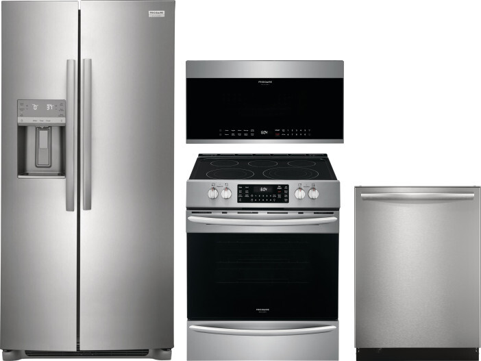 Frigidaire Gallery 4 Piece Kitchen Appliances Package with Side-by-Side Refrigerator, Electric Range, Dishwasher and Over the Range Microwave in Stain