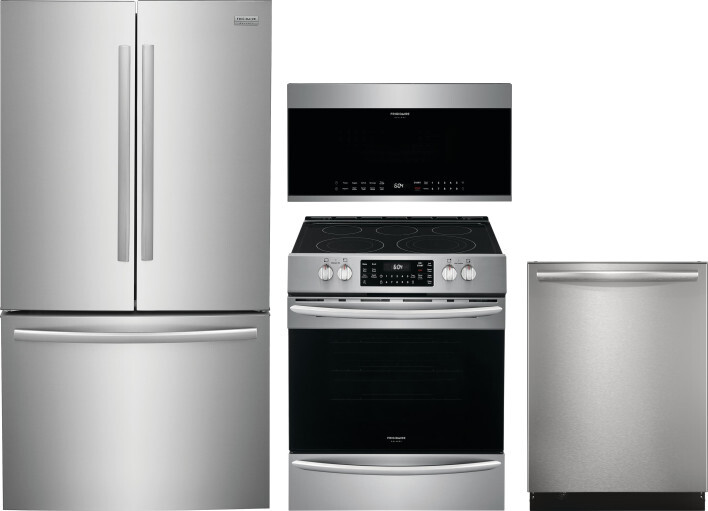Frigidaire Gallery 4 Piece Kitchen Appliances Package with French Door Refrigerator, Electric Range, Dishwasher and Over the Range Microwave in Stainl