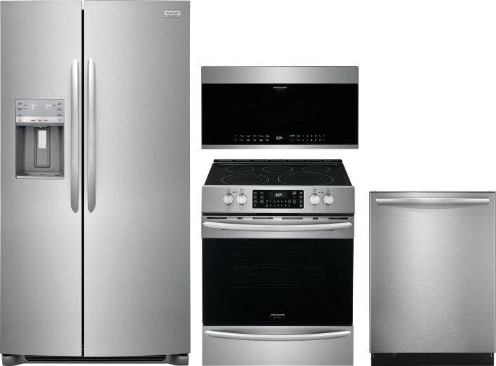 Frigidaire Gallery 4 Piece Kitchen Appliances Package with Side-by-Side Refrigerator, Electric Range, Dishwasher and Over the Range Microwave in Stain