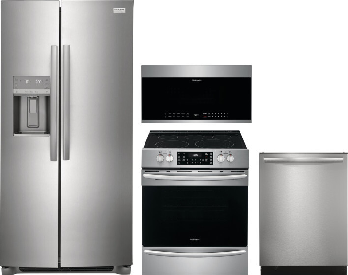 Frigidaire Gallery 4 Piece Kitchen Appliances Package with Side-by-Side Refrigerator, Electric Range, Dishwasher and Over the Range Microwave in Stain
