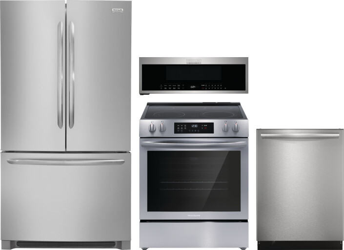 Frigidaire 4 Piece Kitchen Appliances Package with French Door Refrigerator, Electric Range, Dishwasher and Over the Range Microwave in Stainless Stee