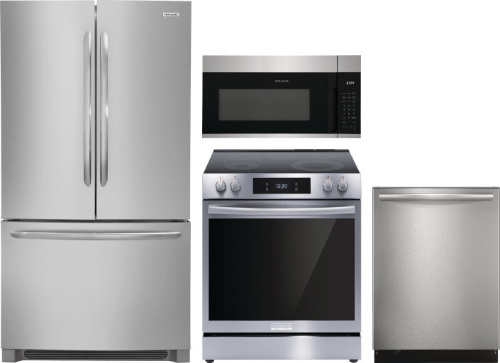 Frigidaire 4 Piece Kitchen Appliances Package with French Door Refrigerator, Electric Range, Dishwasher and Over the Range Microwave in Stainless Stee