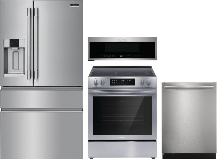 Frigidaire 4 Piece Kitchen Appliances Package with French Door Refrigerator, Electric Range, Dishwasher and Over the Range Microwave in Stainless Stee