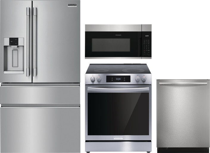 Frigidaire 4 Piece Kitchen Appliances Package with French Door Refrigerator, Electric Range, Dishwasher and Over the Range Microwave in Stainless Stee