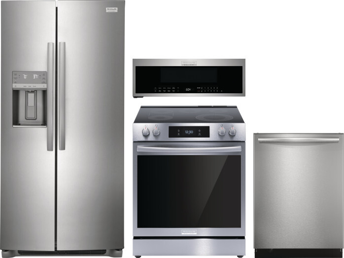 Frigidaire Gallery 4 Piece Kitchen Appliances Package with Side-by-Side Refrigerator, Electric Range, Dishwasher and Over the Range Microwave in Stain