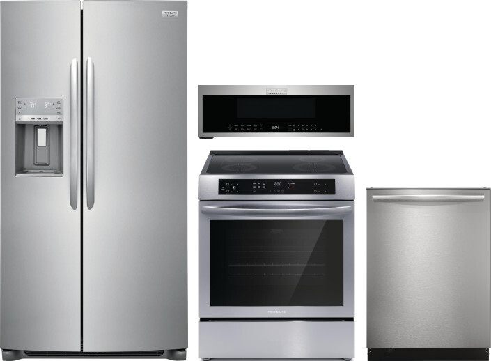 Frigidaire Gallery 4 Piece Kitchen Appliances Package with Side-by-Side Refrigerator, Induction Range, Dishwasher and Over the Range Microwave in Stai