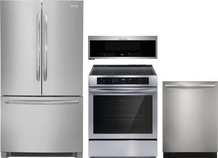 Frigidaire Gallery 4 Piece Kitchen Appliances Package with French Door Refrigerator, Induction Range, Dishwasher and Over the Range Microwave in Stain