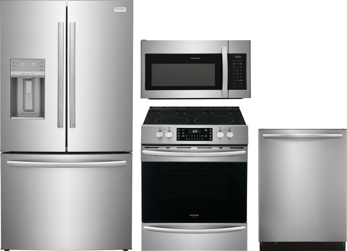 Frigidaire Gallery 4 Piece Kitchen Appliances Package with French Door Refrigerator, Electric Range, Dishwasher and Over the Range Microwave in Stainl