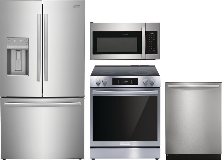 Frigidaire Gallery 4 Piece Kitchen Appliances Package with French Door Refrigerator, Electric Range, Dishwasher and Over the Range Microwave in Stainl