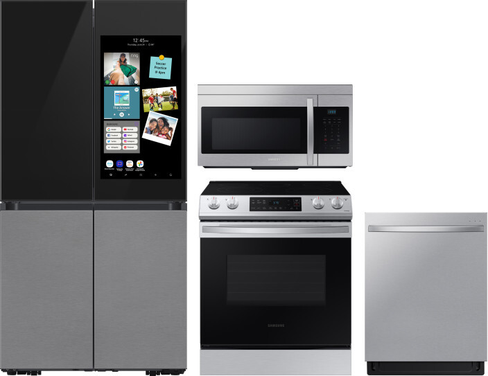 Samsung 4 Piece Kitchen Appliances Package with French Door Refrigerator, Electric Range, Dishwasher and Over the Range Microwave in Charcoal SARERADW