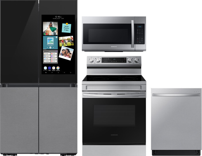 Samsung 4 Piece Kitchen Appliances Package with French Door Refrigerator, Electric Range, Dishwasher and Over the Range Microwave in Charcoal SARERADW