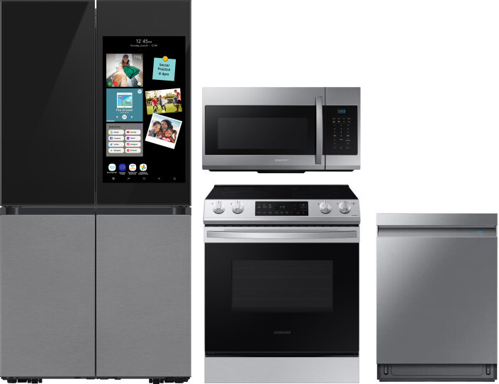 Samsung 4 Piece Kitchen Appliances Package with French Door Refrigerator, Electric Range, Dishwasher and Over the Range Microwave in Charcoal SARERADW
