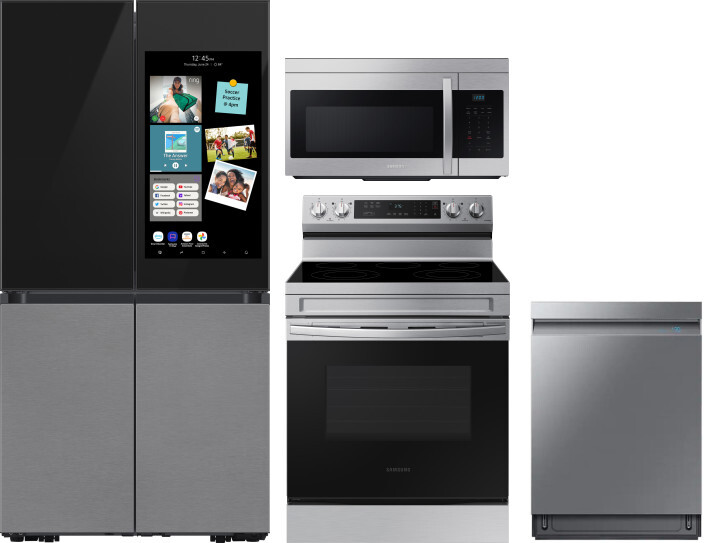 Samsung 4 Piece Kitchen Appliances Package with French Door Refrigerator, Electric Range, Dishwasher and Over the Range Microwave in Charcoal SARERADW