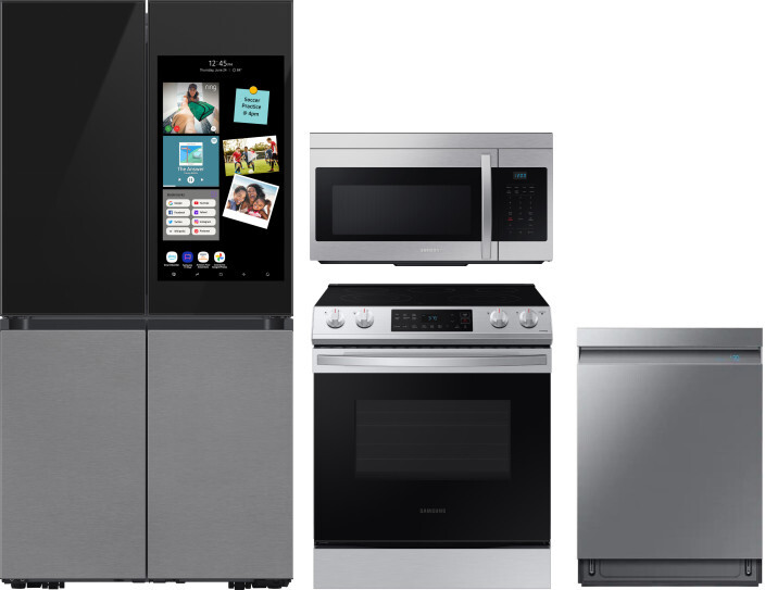 Samsung 4 Piece Kitchen Appliances Package with French Door Refrigerator, Electric Range, Dishwasher and Over the Range Microwave in Charcoal SARERADW