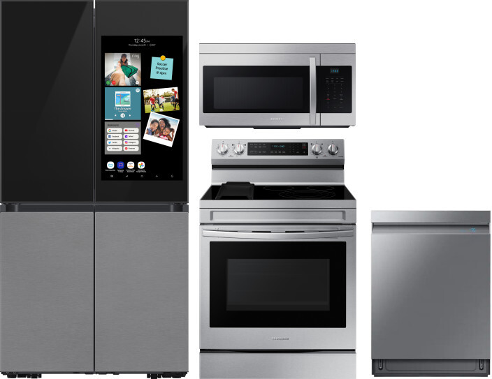 Samsung 4 Piece Kitchen Appliances Package with French Door Refrigerator, Electric Range, Dishwasher and Over the Range Microwave in Charcoal SARERADW