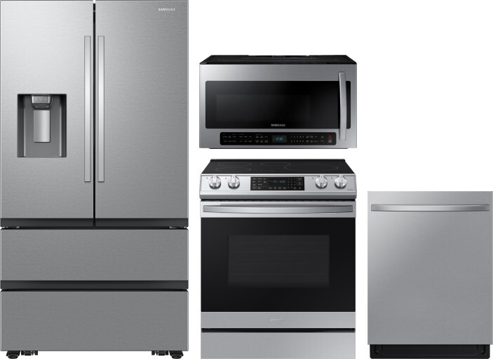 Samsung 4 Piece Kitchen Appliances Package with French Door Refrigerator, Induction Range, Dishwasher and Over the Range Microwave in Stainless Steel 