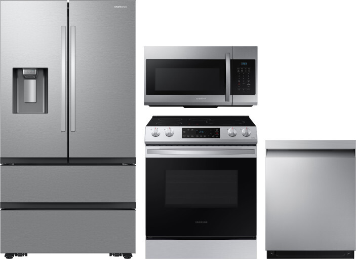 Samsung 4 Piece Kitchen Appliances Package with French Door Refrigerator, Induction Range, Dishwasher and Over the Range Microwave in Stainless Steel 