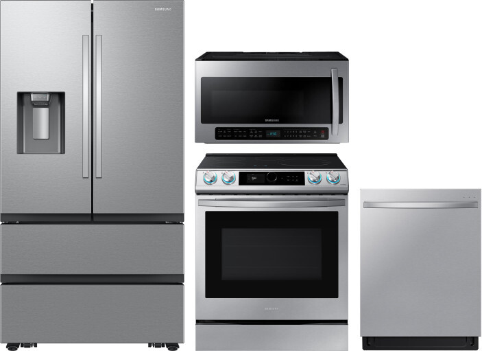 Samsung 4 Piece Kitchen Appliances Package with French Door Refrigerator, Induction Range, Dishwasher and Over the Range Microwave in Stainless Steel 
