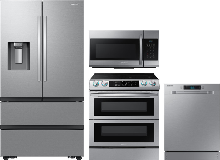 Samsung 4 Piece Kitchen Appliances Package with French Door Refrigerator, Induction Range, Dishwasher and Over the Range Microwave in Stainless Steel 