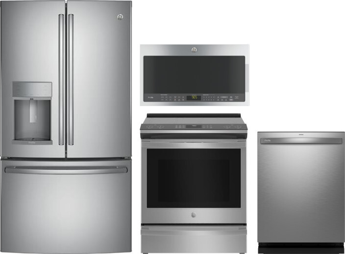 GE Profile 4 Piece Kitchen Appliances Package with French Door Refrigerator, Induction Range, Dishwasher and Over the Range Microwave in Stainless Ste
