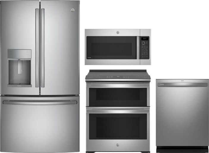 GE Profile 4 Piece Kitchen Appliances Package with French Door Refrigerator, Electric Range, Dishwasher and Over the Range Microwave in Stainless Stee