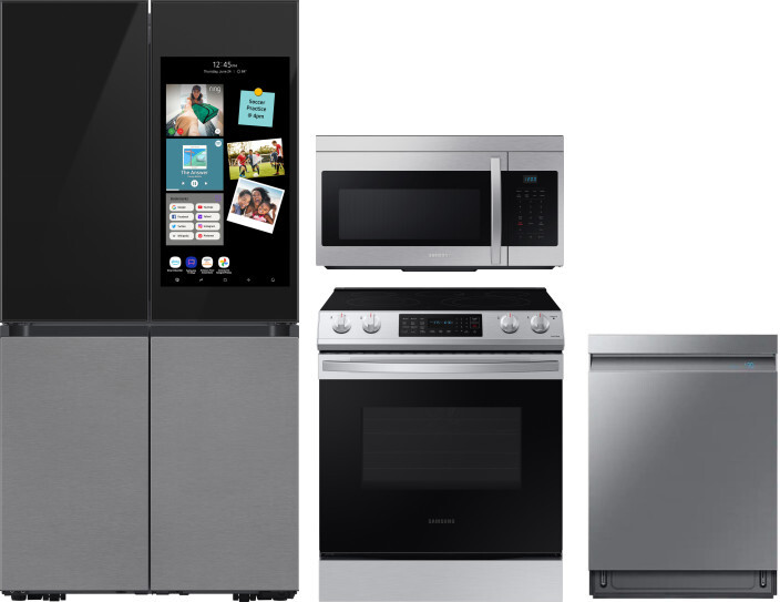 Samsung 4 Piece Kitchen Appliances Package with French Door Refrigerator, Electric Range, Dishwasher and Over the Range Microwave in Charcoal SARERADW