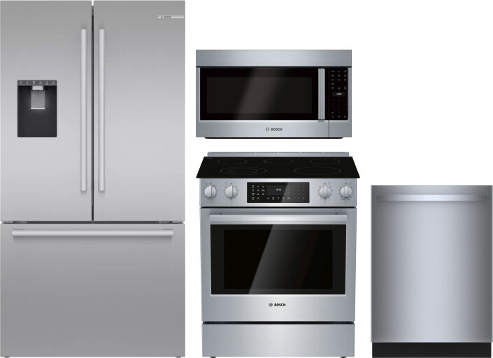 Bosch 4 Piece Kitchen Appliances Package with French Door Refrigerator, Electric Range, Dishwasher and Over the Range Microwave in Stainless Steel BOR