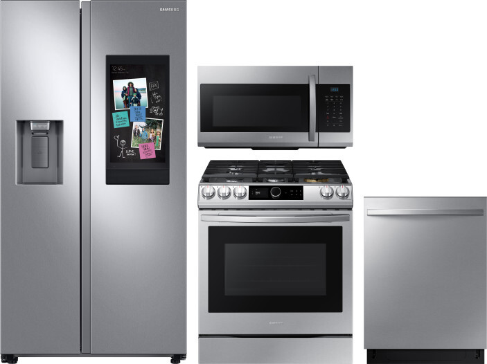 Samsung 4 Piece Kitchen Appliances Package with Side-by-Side Refrigerator, Gas Range, Dishwasher and Over the Range Microwave in Stainless Steel SARER