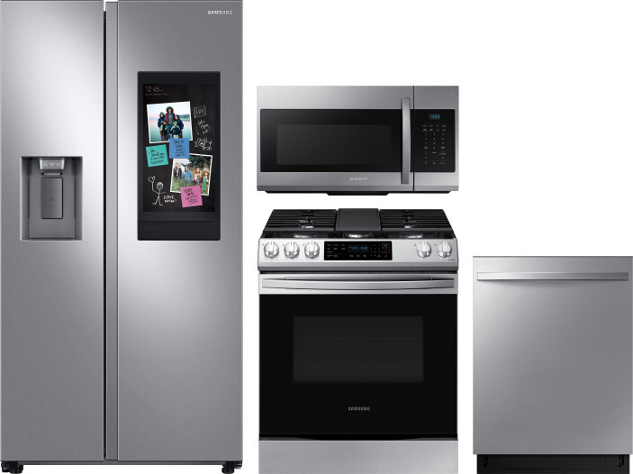 Samsung 4 Piece Kitchen Appliances Package with Side-by-Side Refrigerator, Gas Range, Dishwasher and Over the Range Microwave in Stainless Steel SARER