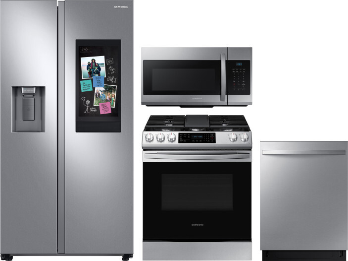 Samsung 4 Piece Kitchen Appliances Package with Side-by-Side Refrigerator, Gas Range, Dishwasher and Over the Range Microwave in Stainless Steel SARER