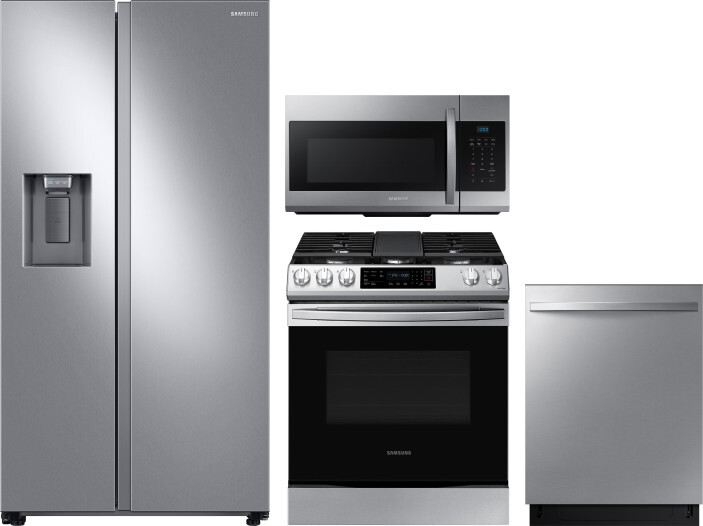 Samsung 4 Piece Kitchen Appliances Package with Side-by-Side Refrigerator, Gas Range, Dishwasher and Over the Range Microwave in Stainless Steel SARER