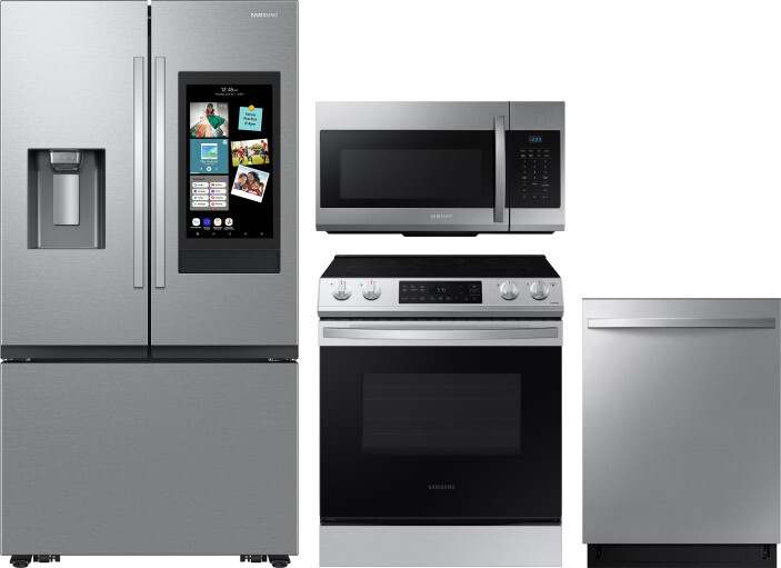 Samsung 4 Piece Kitchen Appliances Package with French Door Refrigerator, Electric Range, Dishwasher and Over the Range Microwave in Fingerprint Resis