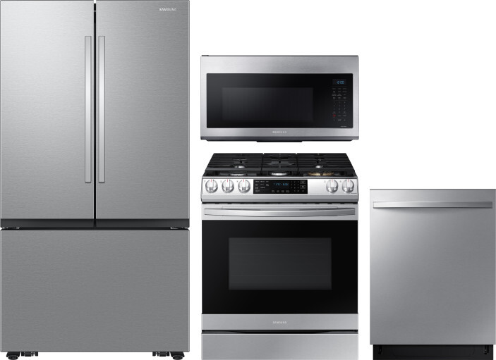 Samsung 4 Piece Kitchen Appliances Package with French Door Refrigerator, Gas Range, Dishwasher and Over the Range Microwave in Stainless Steel SARERA