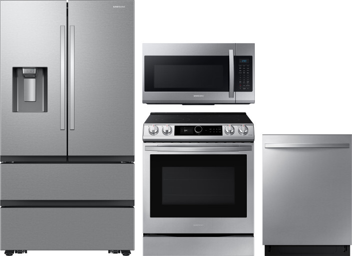 Samsung 4 Piece Kitchen Appliances Package with French Door Refrigerator, Electric Range, Dishwasher and Over the Range Microwave in Stainless Steel S