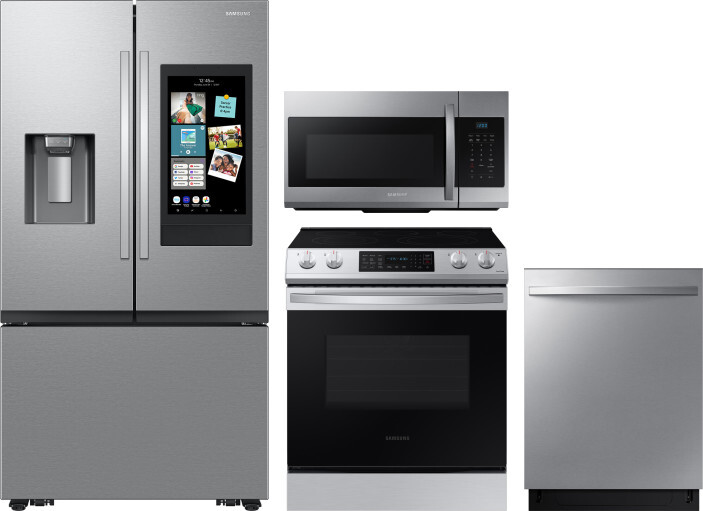 Samsung 4 Piece Kitchen Appliances Package with French Door Refrigerator, Electric Range, Dishwasher and Over the Range Microwave in Fingerprint Resis