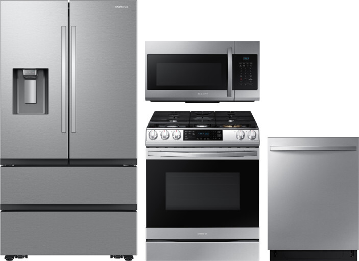 Samsung 4 Piece Kitchen Appliances Package with French Door Refrigerator, Gas Range, Dishwasher and Over the Range Microwave in Stainless Steel SARERA