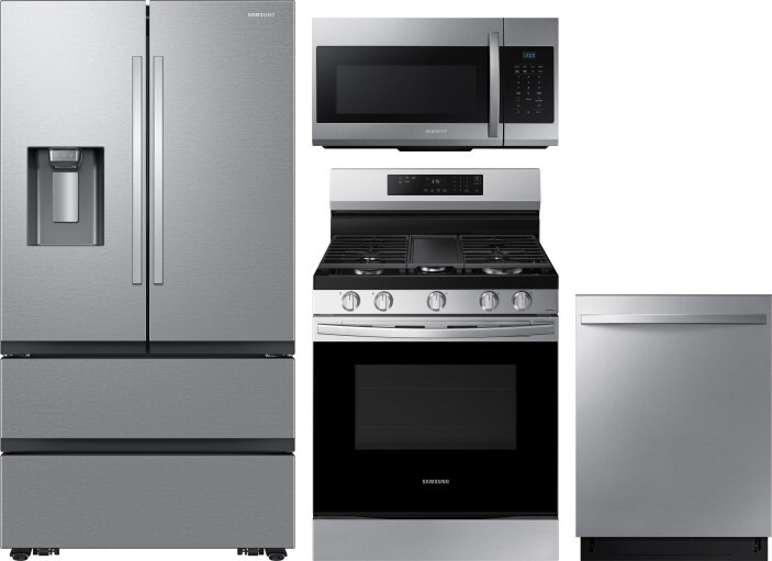 Samsung 4 Piece Kitchen Appliances Package with French Door Refrigerator, Gas Range, Dishwasher and Over the Range Microwave in Stainless Steel SARERA