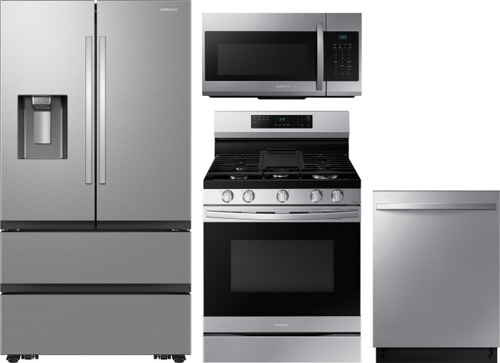 Samsung 4 Piece Kitchen Appliances Package with French Door Refrigerator, Gas Range, Dishwasher and Over the Range Microwave in Stainless Steel SARERA