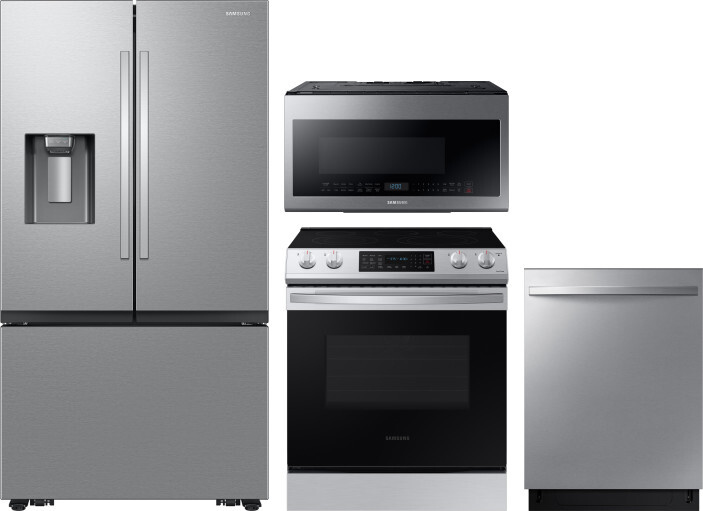 Samsung 4 Piece Kitchen Appliances Package with French Door Refrigerator, Electric Range, Dishwasher and Over the Range Microwave in Stainless Steel S