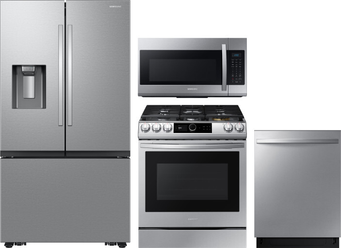 Samsung 4 Piece Kitchen Appliances Package with French Door Refrigerator, Gas Range, Dishwasher and Over the Range Microwave in Stainless Steel SARERA
