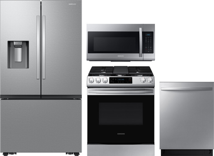Samsung 4 Piece Kitchen Appliances Package with French Door Refrigerator, Gas Range, Dishwasher and Over the Range Microwave in Stainless Steel SARERA