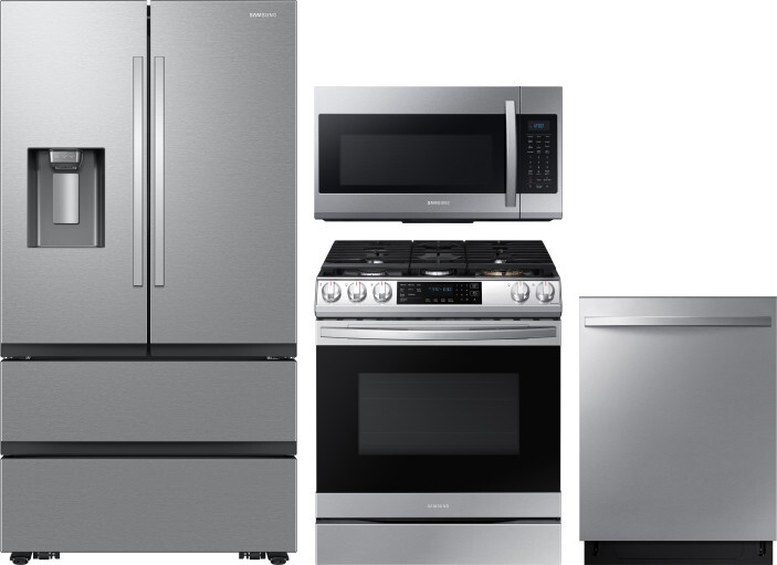 Samsung 4 Piece Kitchen Appliances Package with French Door Refrigerator, Gas Range, Dishwasher and Over the Range Microwave in Stainless Steel SARERA