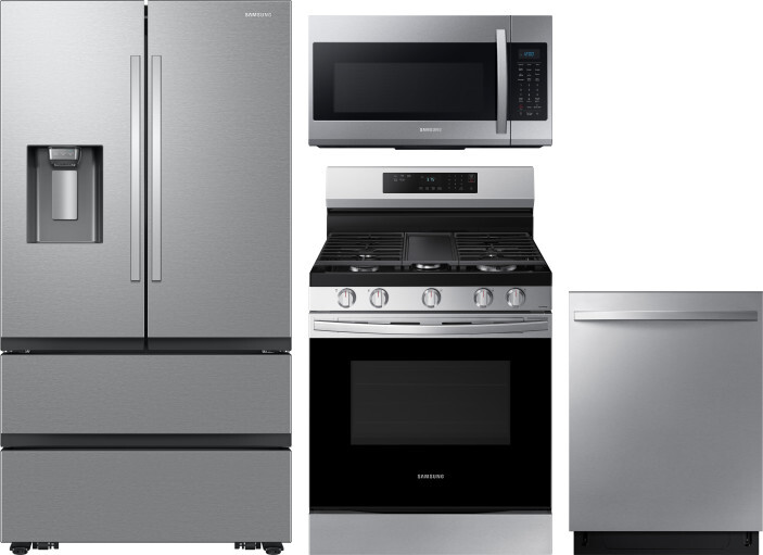 Samsung 4 Piece Kitchen Appliances Package with French Door Refrigerator, Gas Range, Dishwasher and Over the Range Microwave in Stainless Steel SARERA