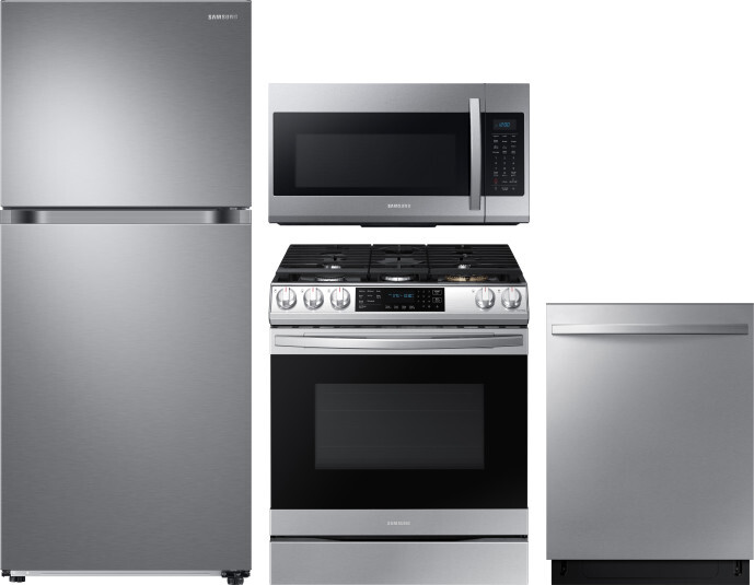 Samsung 4 Piece Kitchen Appliances Package with Top Freezer Refrigerator, Gas Range, Dishwasher and Over the Range Microwave in Stainless Steel SARERA